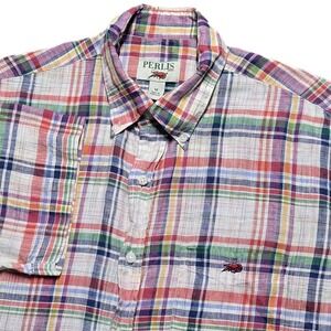 Perlis Linen Shirt New Orleans Mens M Short Sleeve Button Down Multicolor Plaid